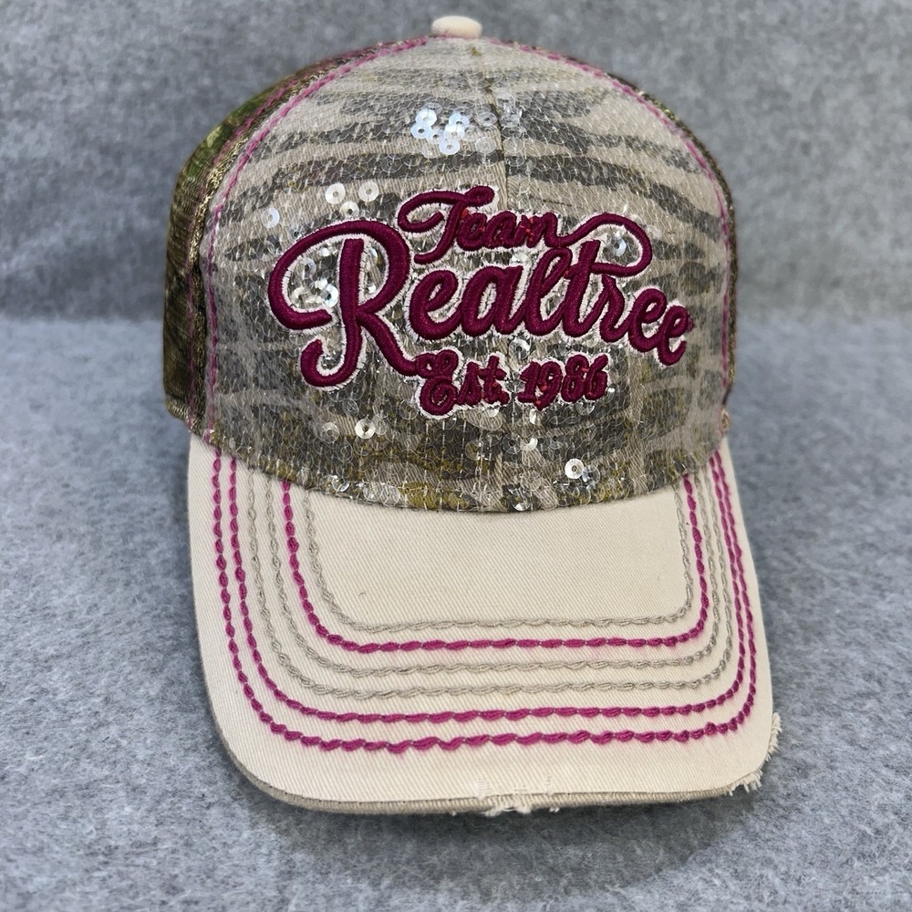 Signatures Realtree Camo Trucker Hat Pink‎ Embroidery Sequin Distressed Bill Cap